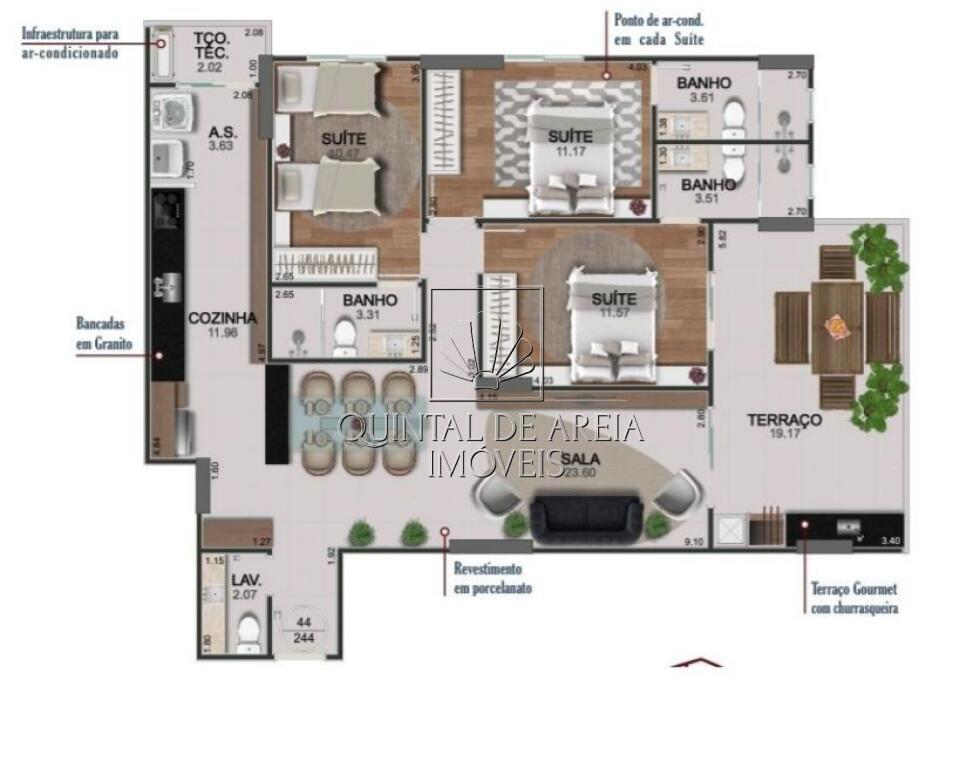 Apartamento com 3 quartos e 122 m² em Boqueirão, Praia Grande