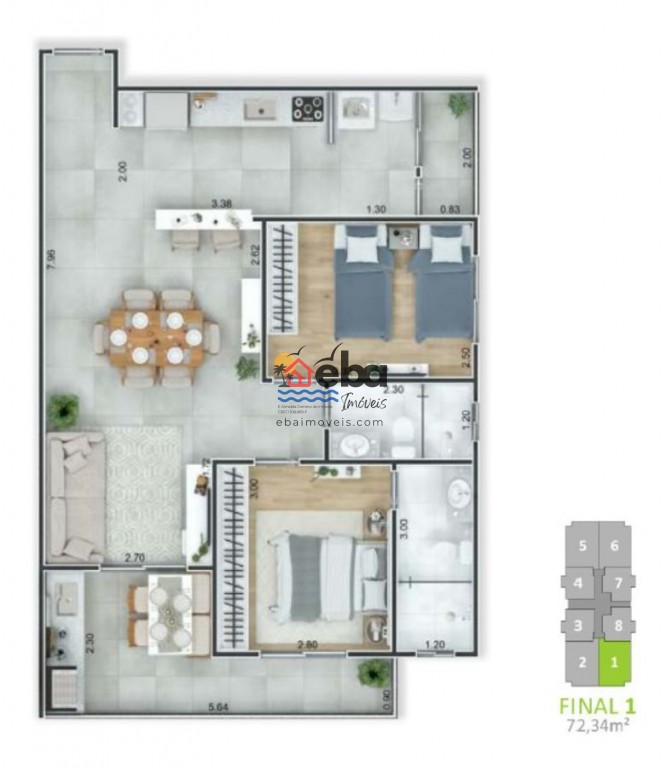 Apartamento com 2 quartos e 72 m² em Boqueirão, Praia Grande