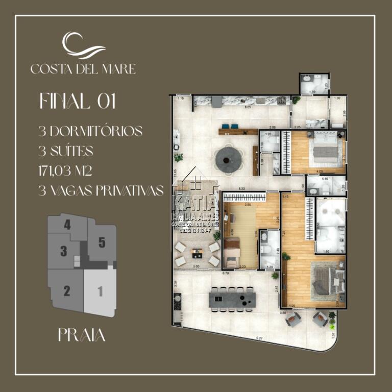 Apartamento com 3 quartos e 171 m² em Aviação, Praia Grande