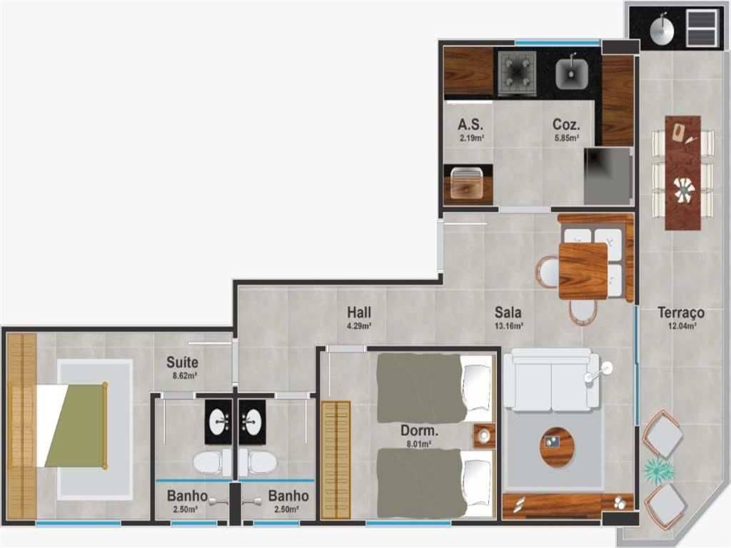 Apartamento com 2 quartos e 53 m² em Ocian, Praia Grande