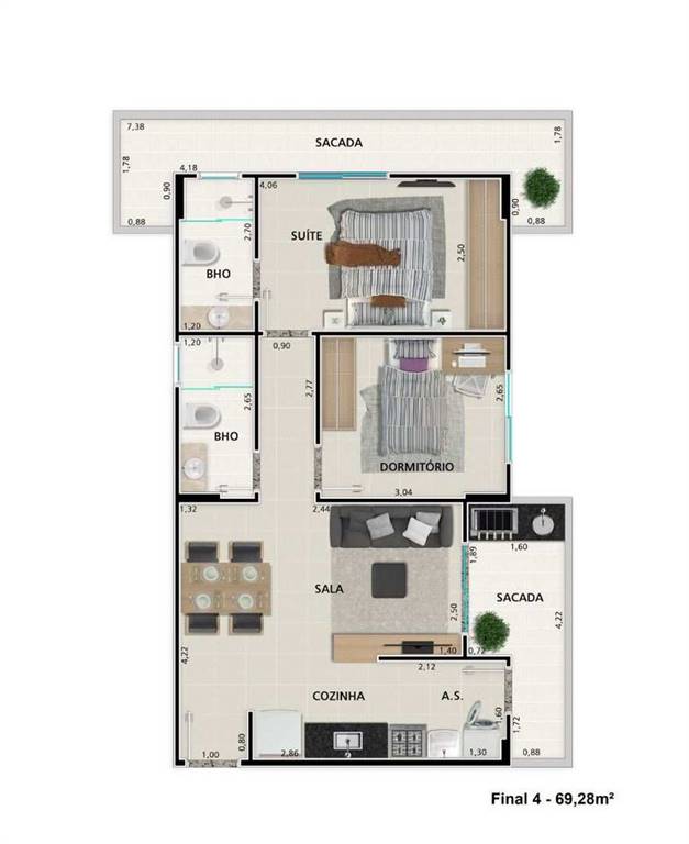 Apartamento com 2 quartos e 69 m² em Ocian, Praia Grande
