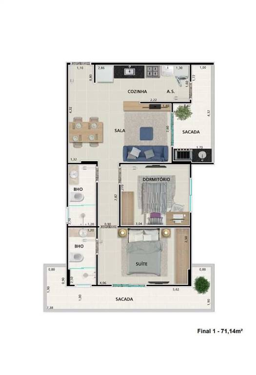 Apartamento com 2 quartos e 71 m² em Ocian, Praia Grande