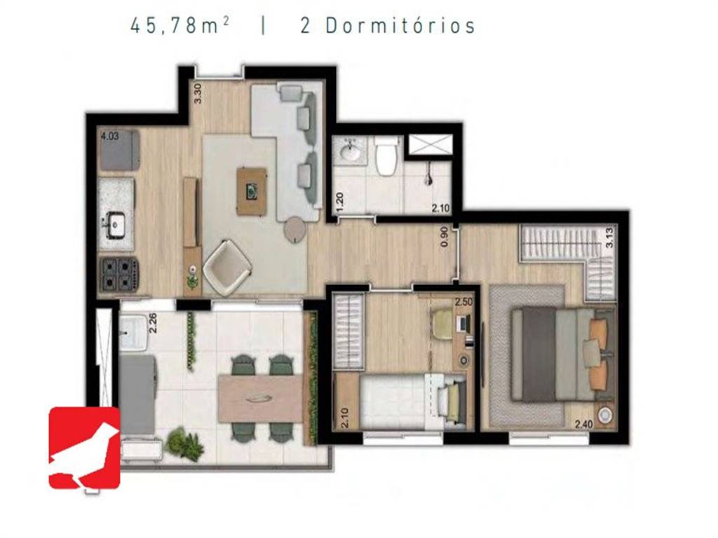 Apartamento com 2 quartos e 45 m² em Vila Guilhermina, Praia Grande
