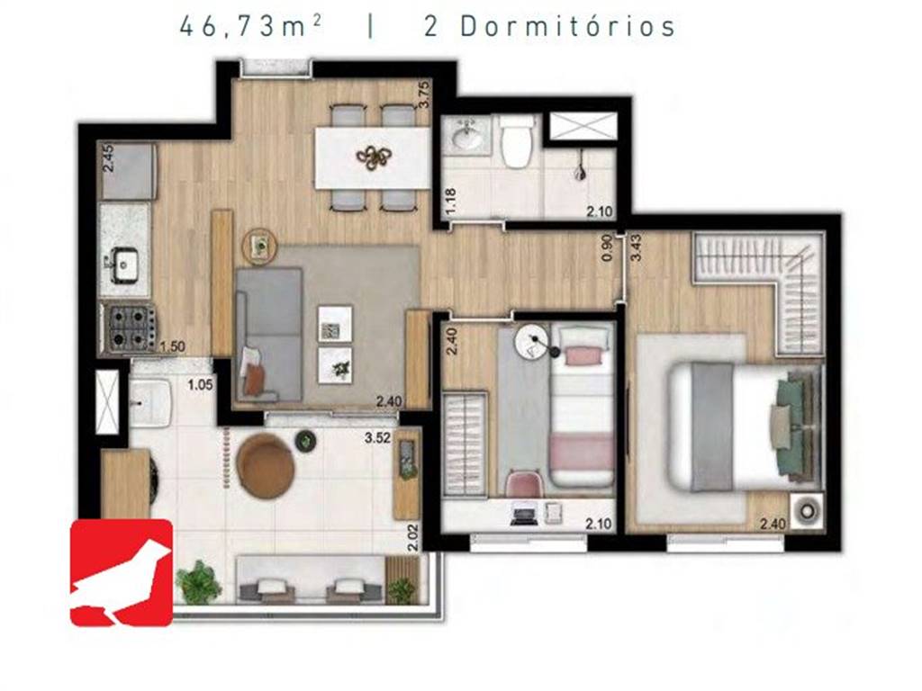 Apartamento com 2 quartos e 45 m² em Vila Guilhermina, Praia Grande